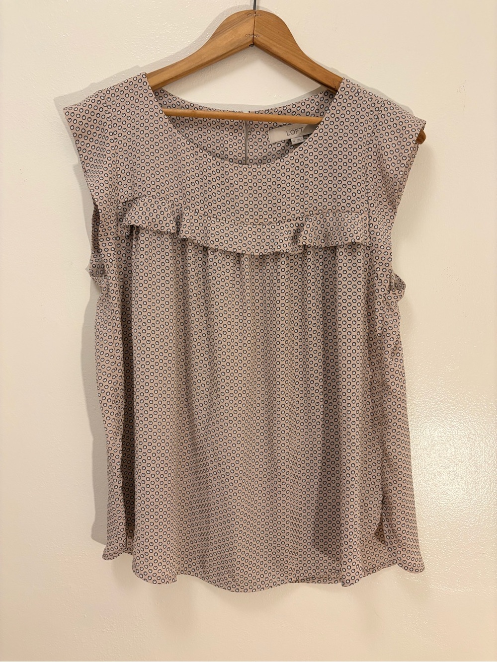 LOFT Beige and Black Geometric Ruffle Yoke Sleeveless Top